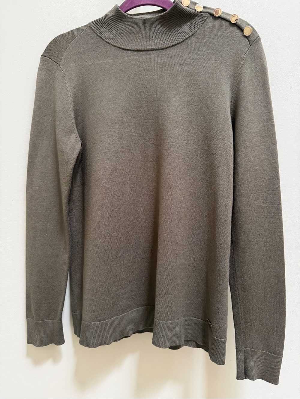 Calvin Klein Olive Crewneck Sweater with Gold Shoulder Buttons - Size M